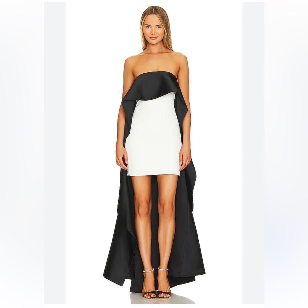 Alice & Olivia Theda Strapless Hi Lo Mini Cape Dress in Ecru & Black NWT